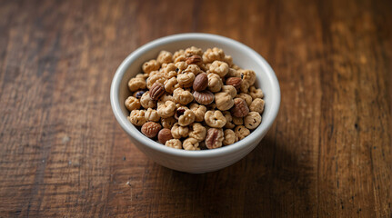Nuts in a plate on a wooden background. View from above. Place for text, empty space.