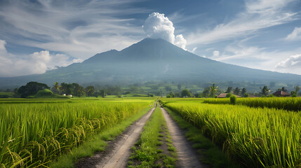 Fototapeta premium Picture of Rice field with the road and mountain in the background in Indonesia
