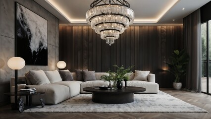 luxury living room interior with large floor-to-ceiling windows