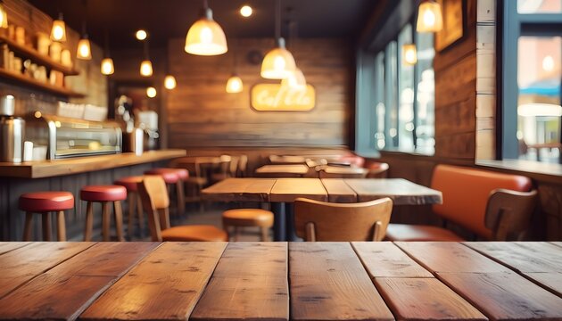 Empty old wood table top and blurred bokeh cafe and coffee shop interior background with vintage filter - can used for display or montage your products.