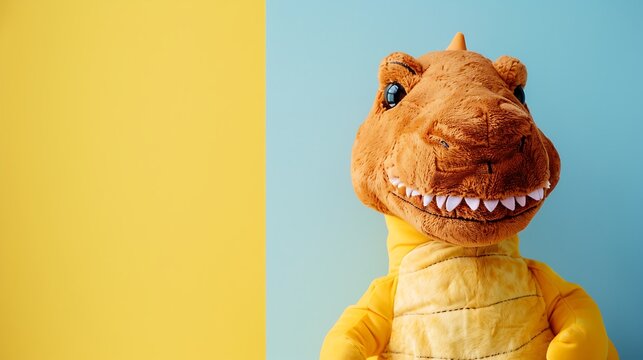 Dinosaur plush toy on colored background