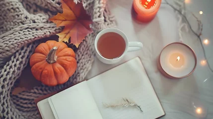  Concept of creating comfort in fall Attributes of autumn time of spending hot tea in pumpkinshaped mug warm knitted sweater candles notebook for recording plans Flat lay top view copy  : Generative AI © Generative AI