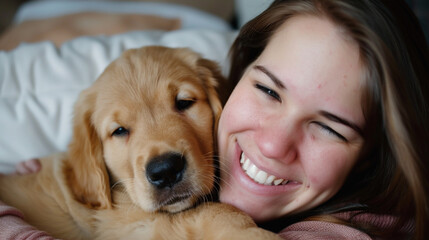  A charming lady with a captivating smile snuggling a sweet Golden Retriever puppy, pure bliss on their faces.