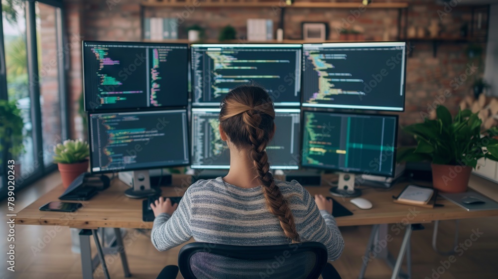 Poster dedicated female software engineer codes on multi-monitor desktop in modern co-working space, develo