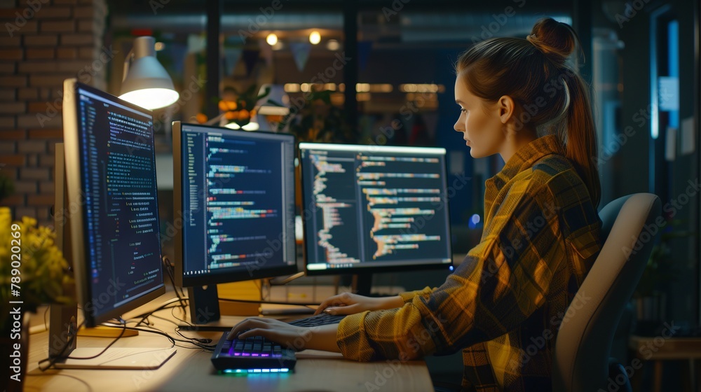 Poster dedicated female software engineer codes on multi-monitor desktop in modern co-working space, develo
