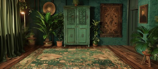 Authentic image of a Moroccan lattice rug on a wooden floor within a dimly lit living room featuring a green cupboard, wall art, and green plants.