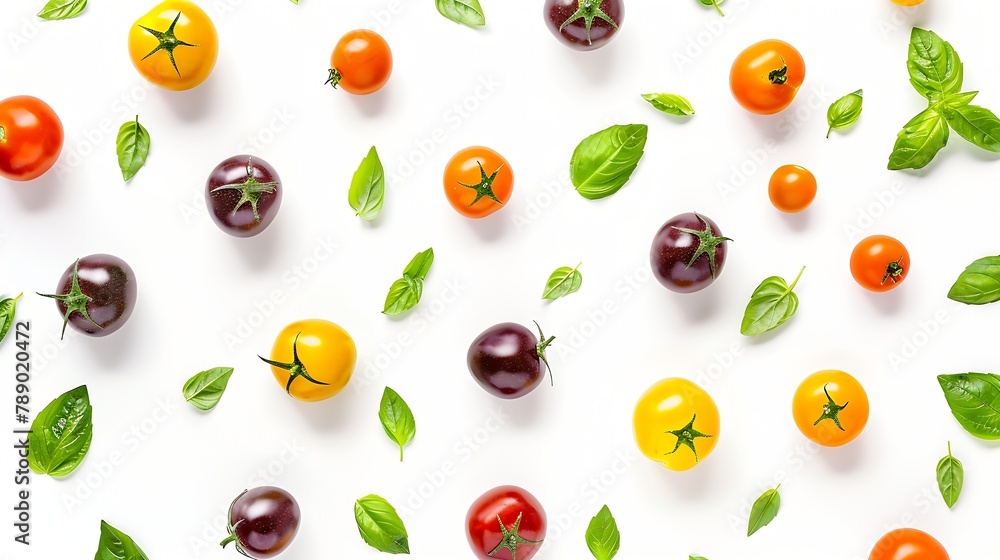 Poster flat lay composition of various colorful tomatoes and basil leaves isolated on white background top 
