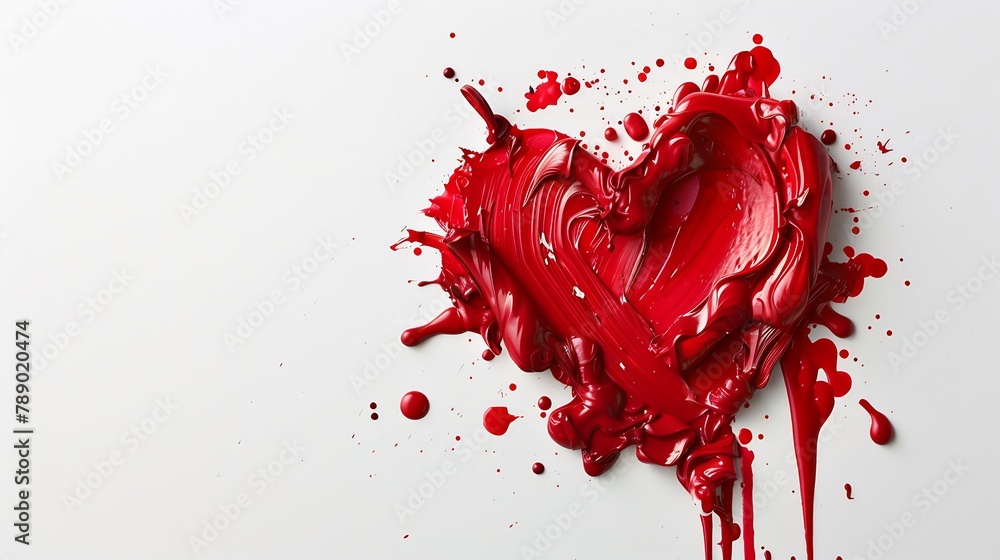 Poster trendy love composition made of red paint in shape of a heart on white background minimal concept of