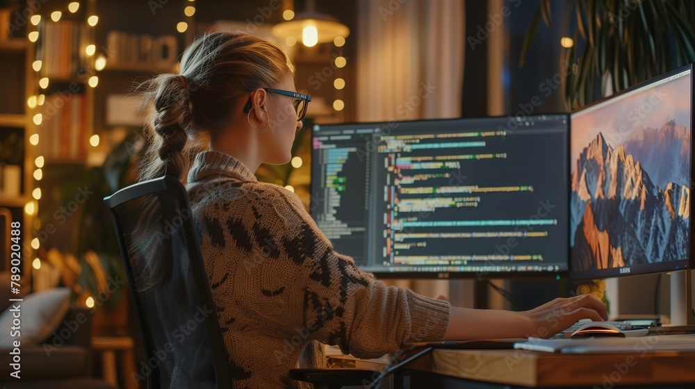 Poster dedicated female software engineer codes on multi-monitor desktop in modern co-working space, develo