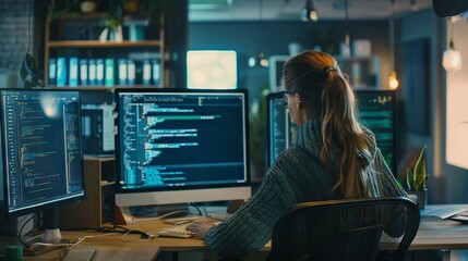 Dedicated female software engineer codes on multi-screen desktop in collaborative co-working space, developing SaaS solutions for cutting-edge tech startup