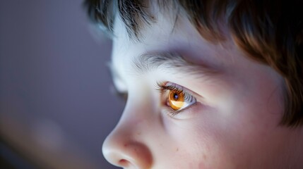 Beautiful brown eyes of 6 year boy looking at screen closeup Child is watching TV cartoons or video...