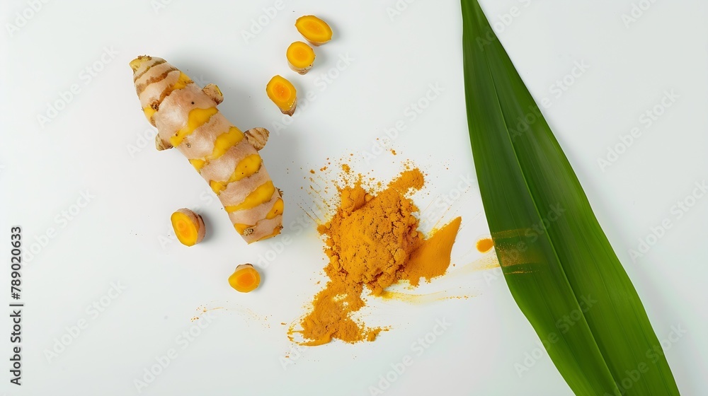 Poster Tumeric root with green leaf and turmeric powder isolated on white background Top view Flat lay : Generative AI