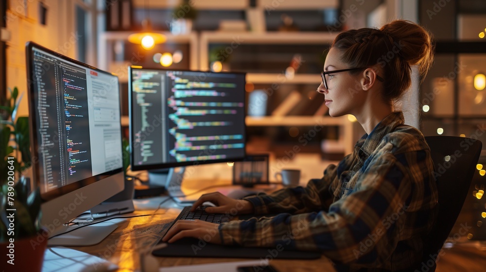 Poster dedicated female software engineer codes on multi-screen desktop in collaborative co-working space, 