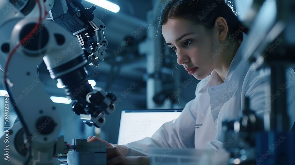 Poster Close Up Portrait of a Young Robotics Engineer Using Laptop Computer Analyzing Robotic Machine Concept in a High Tech Factory Female Scientist Manipulate and Program the Robot for Work : Generative AI