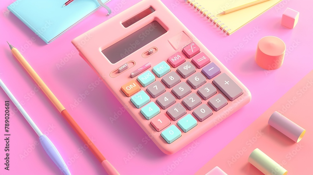 Poster modern calculator with different stationery on pink background : generative ai