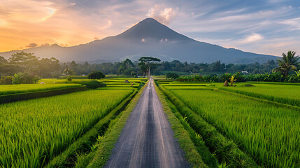 Picture of Rice field with the road and mountain in the background in Indonesia
