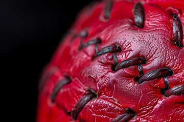 Red cricket ball. Macro shot of tampered seam of cricket ball over black background. . - obrazy, fototapety, plakaty