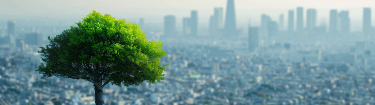 Sunlit Urban Oasis: A Solitary Tree on a Green Hill Overlooking the Cityscape at Dawn. Banner with copy space. Generative AI