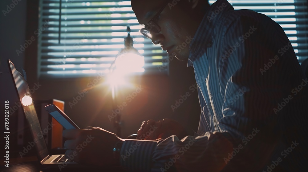 Poster Casual business man freelancer online working on laptop computer and using mobile phone on table searching the information internet networking at home office close up : Generative AI