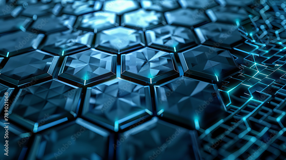 Poster a blue and white hexagonal pattern with a blue background