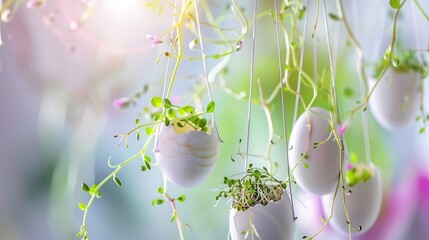Easter home decoration Microgreens in egg shell hanging on spring twigs as easter decorationEaster floral arrangement : Generative AI