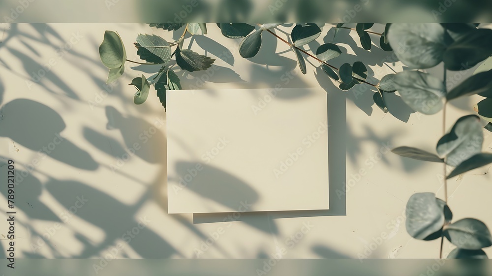 Aufkleber mockup invitation blank greeting card and green leaves eucalyptus flat lay top view : generative ai