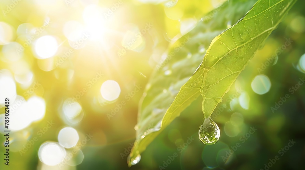 Aufkleber beauty transparent drop of water on a green leaf macro with sun glare beautiful artistic image of en