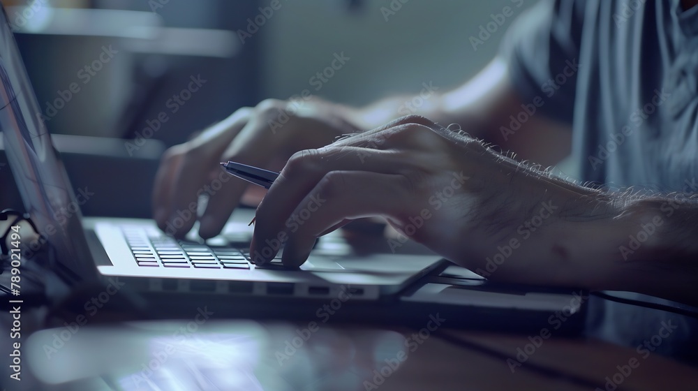 Poster Casual business man with pen in hand busy working on laptop computer typing on keyboard with notebook mobile smart phone on desk in modern office close up dark tone : Generative AI