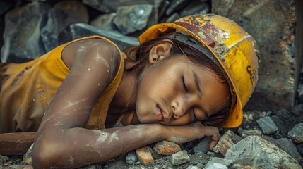 A young girl exhausted from laborious construction work finds a moment of respite Recognizing World Day Against Child Labour