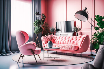 Modern light cozy spacious apartment in pastel colors. Generative AI	

