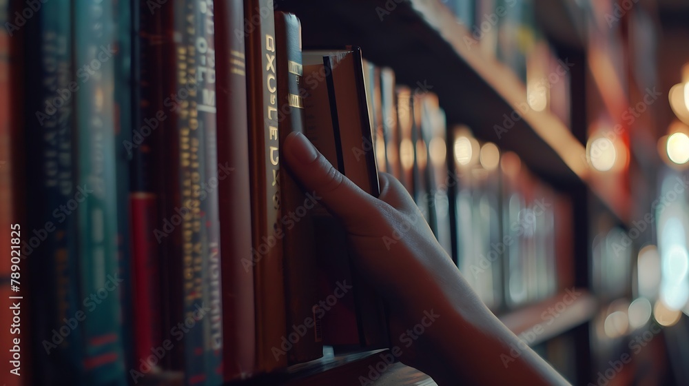 Poster Close up hand search for book on bookshelves in the library Select a book on shelf Studying knowledge education in bookstore : Generative AI