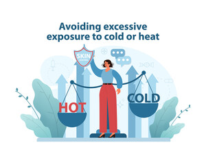 Avoiding excessive exposure to cold or heat. Illustration emphasizes careful climate management.