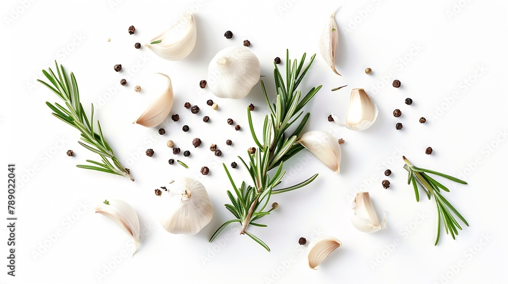 Poster garlic with rosemary and peppercorn isolated on white background Top view Flat lay pattern : Generative AI