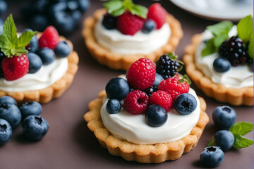Healthy dessert cheese summer pastry tartlets Berry view cake cream top - obrazy, fototapety, plakaty