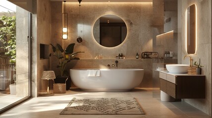 Interior design, a luxurious modern bathroom combining warm tones with soothing cool lighting, - obrazy, fototapety, plakaty