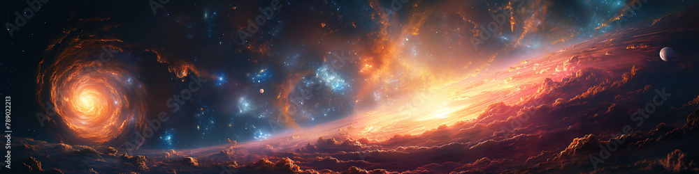 Wall mural panorama of open space with stars, galaxies, constellations, planets and a black hole in universe