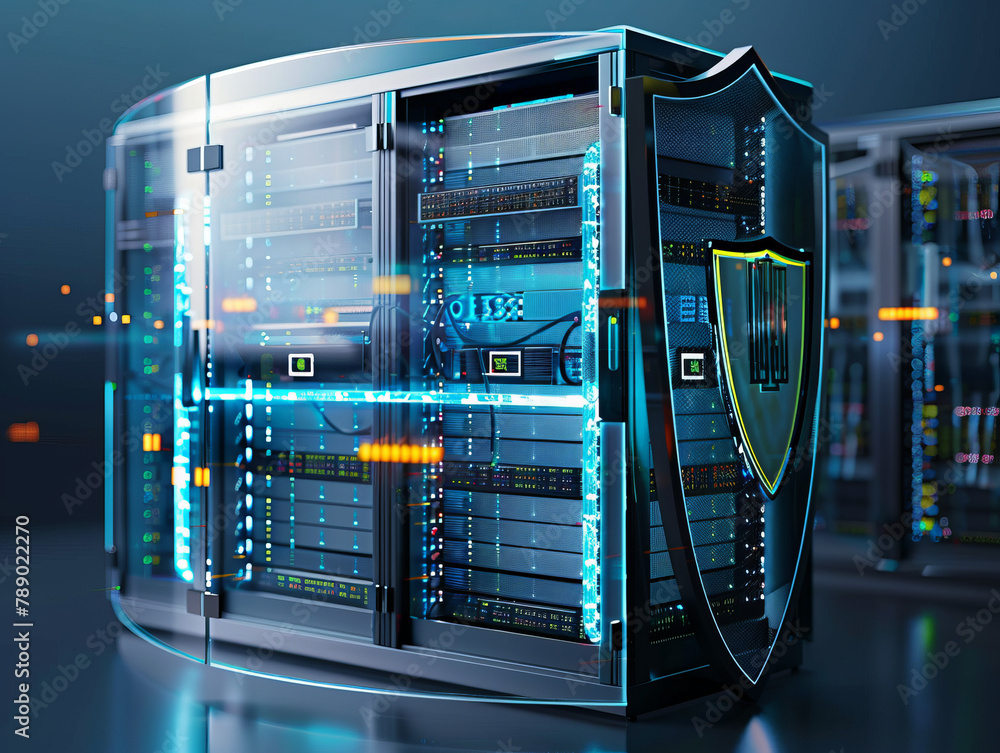 Aufkleber a computer server with a blue shield on it