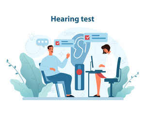 Hearing Test Procedure. Detailed illustration of a patient undergoing an audiometric test with.