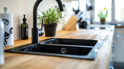 Closeup on wooden kitchen countertop with black sink and tap and decorations : Generative AI