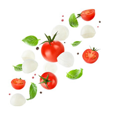Flying mozzarella cheese balls, tomatoes, basil leaves and peppercorns for caprese salad isolated on white background. Mockup for advertising or product packaging design. Perfect retouched.