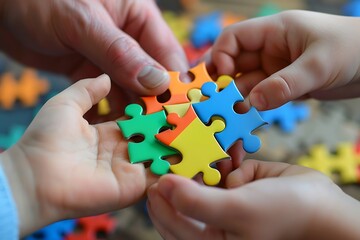 Puzzle as a symbol of the autism spectrum Family Support: Imagery portraying a family engaged in supportive activities ,hold hand together.