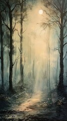 Moonlit forest path with silhouetted trees and misty atmosphere