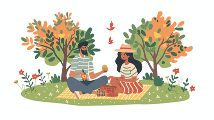 Picnic vector illustration. Couple together outdoor 