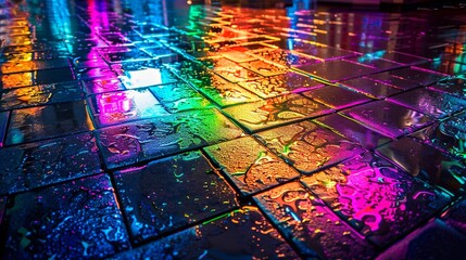 Vibrant neon reflection on wet city pavement at night