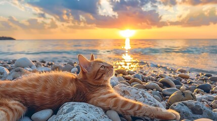 Ginger cute cat stretching a rocky beach and a beautiful sunset over the ocean in the background - obrazy, fototapety, plakaty