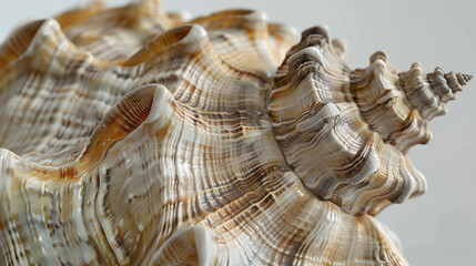  A close-up of a conch shell, its ridges and curves highlighted 