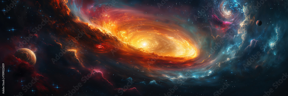 Wall mural fantastic panorama with black hole, supernova and a wormhole with planets in galaxy in space