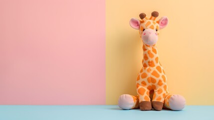 Giraffe plushie doll on colored background - obrazy, fototapety, plakaty