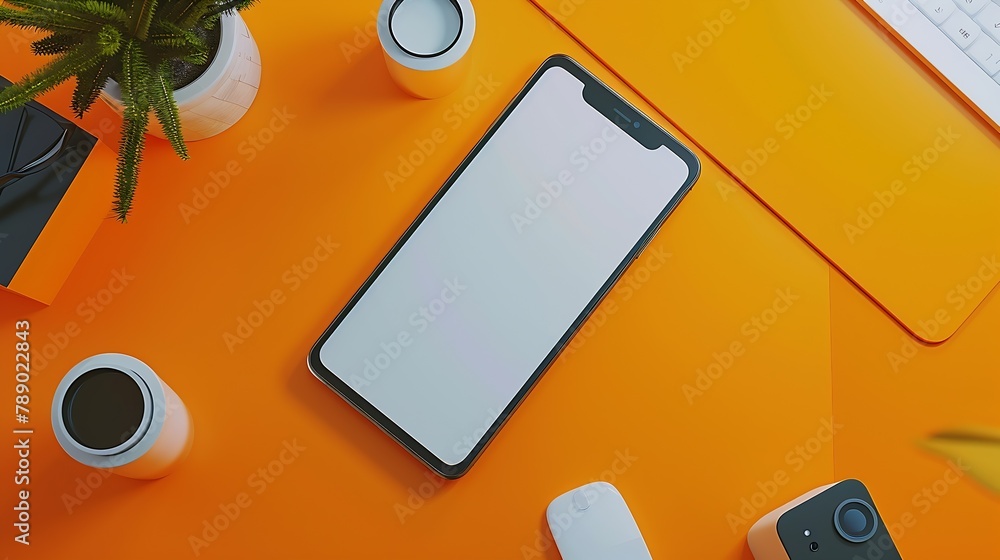 Poster Flat lay top view of orange office table desk with smartphone blank screen mockup with clipping path Modern working space : Generative AI