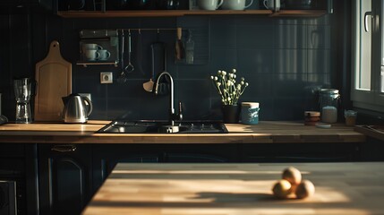 Closeup on small kitchen with dark and wooden cupboards wooden countertop and backsplash : Generative AI